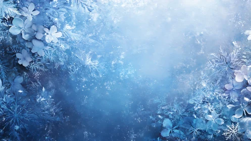 Crystalline Blue Floral Composition with Snowflake Elements.
