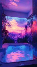 Indoor hot tub faces neon tropical mural with glowing water