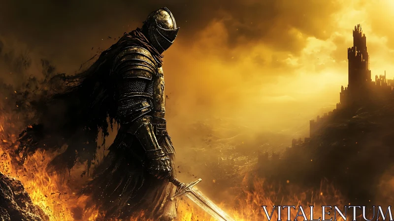 Armored knight stands in burning wasteland before dark citadel