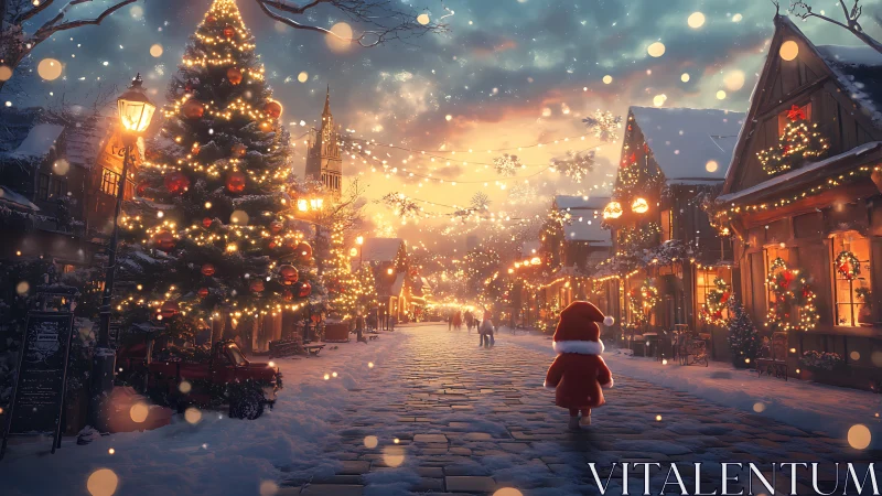 Snowy village street with child in red coat at Christmas.