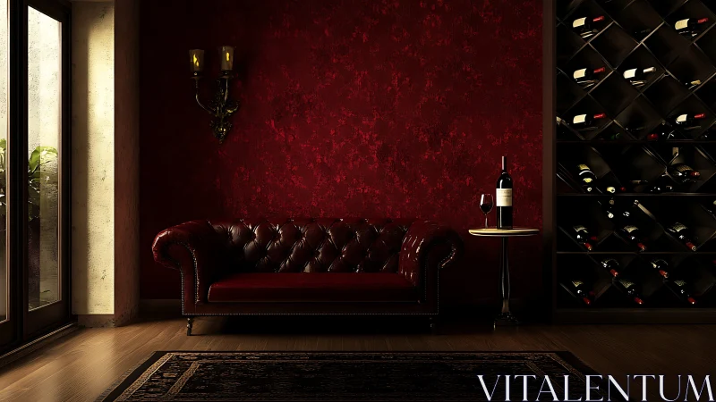 Luxurious red leather sofa anchors moody wine lounge interior