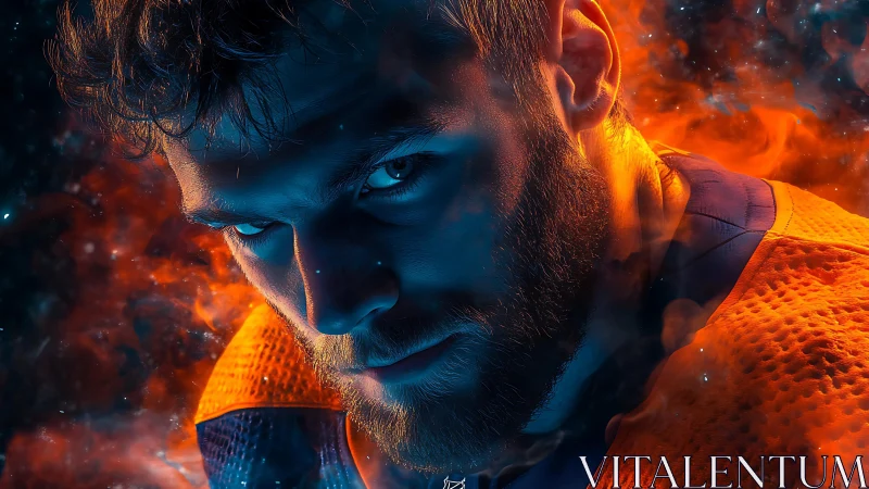 Intense athlete portrait in blazing blue and orange light.