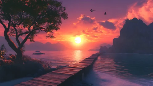 Sunlit boardwalk stretches across tranquil tropical bay.