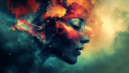 Surreal female profile merging with fiery abstract clouds.