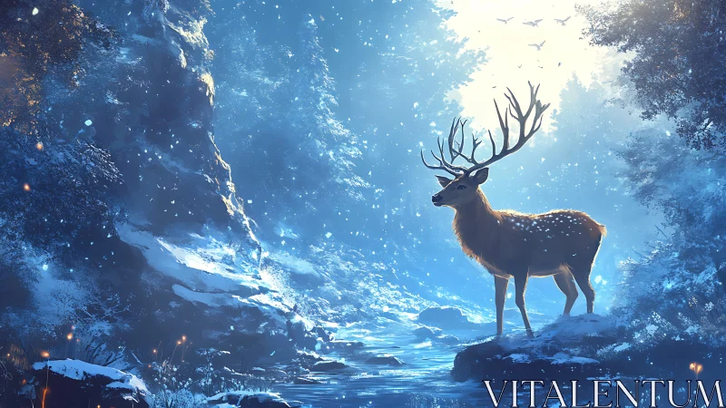 Majestic stag stands in luminous snowy forest stream light