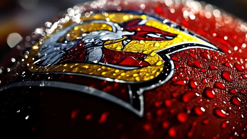 Close macro of wet sports logo on textured red surface.