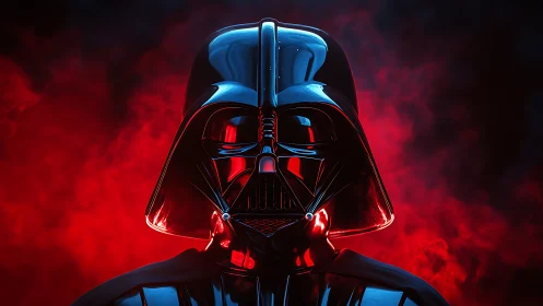 Brooding armored figure stands in vivid red glowing mist