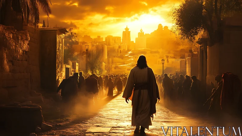 Figure walking through ancient city street at sunset light.