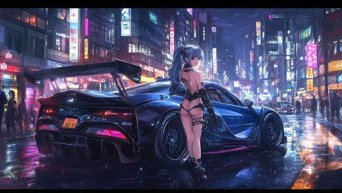 Neon city street with anime racer girl and sports car.