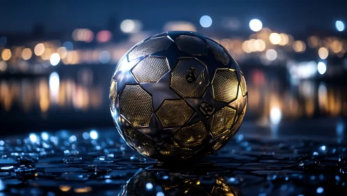 Chromed polyhedral football under nocturnal bokeh luminance field.