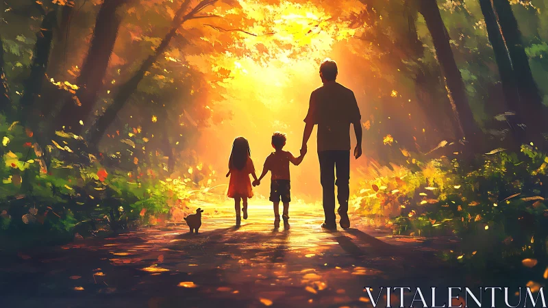 Silhouetted figures walking on forest path at sunset light.