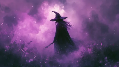 Mystical witch wandering through glowing violet night mist.