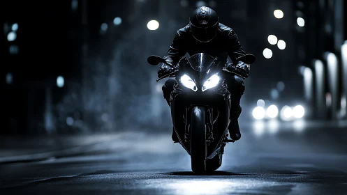 Motorcyclist rides sport bike alone on wet night street.