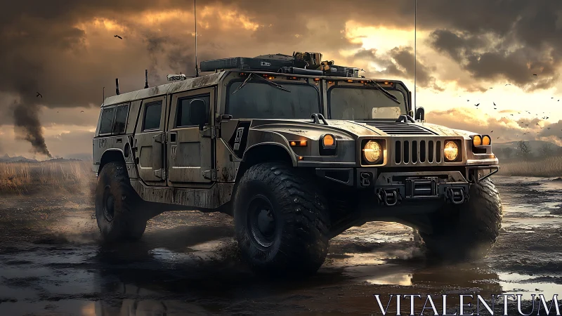 Armored off road military truck in muddy sunset landscape.