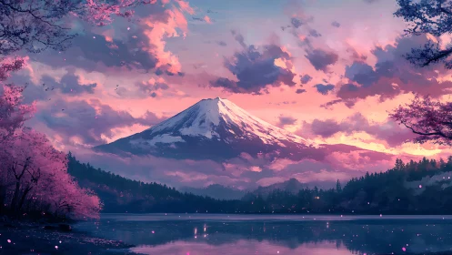 Snowy mountain rises over a tranquil lake at pink dusk