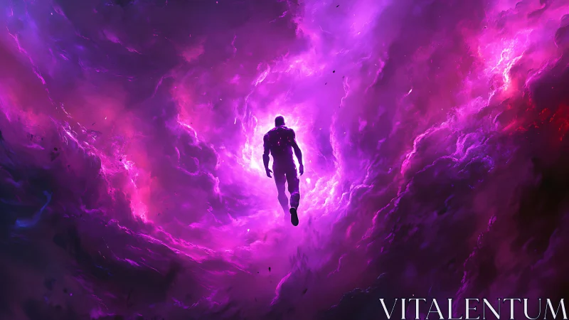 Cosmic silhouette ascends through radiant violet nebula.