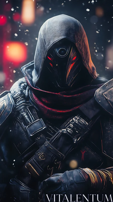 Cyberpunk hooded sentinel with tactical armor design.