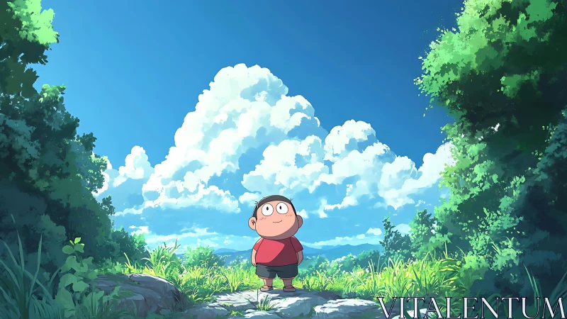 Child explorer under towering cumulus sky in lush meadow.