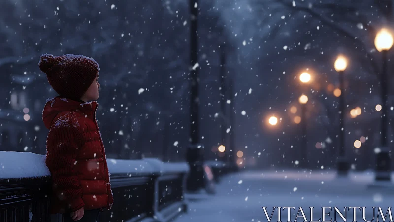 Child in red parka amid nocturnal snowfall and bokeh luminance.
