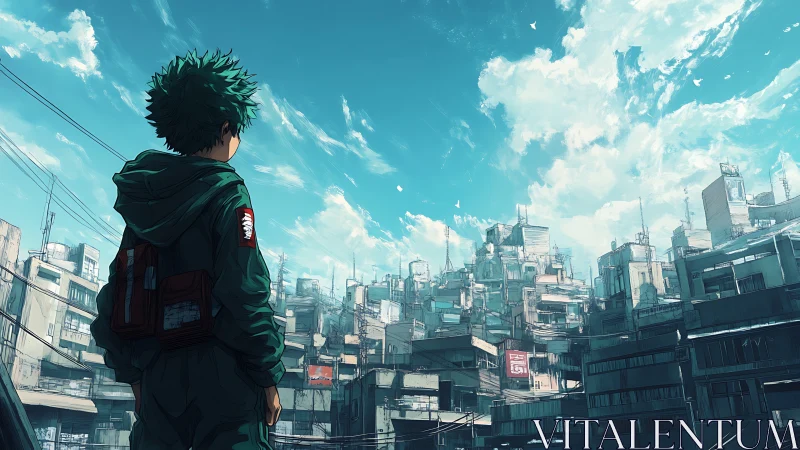 Backlit anime figure surveys dense vertical slum under expansive sky