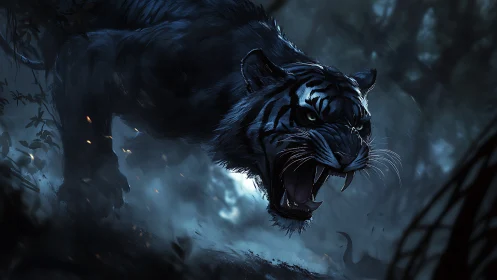 Snarling black tiger lunges through misty nocturnal jungle