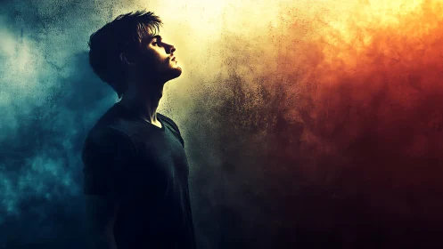 Side-lit young man in smoky teal and amber haze portrait.