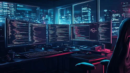 Cyberpunk coding workstation with panoramic neon skyline.