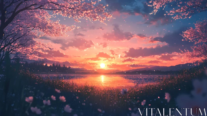 Serene cherry blossom lakeside glows under a vivid sunset sky