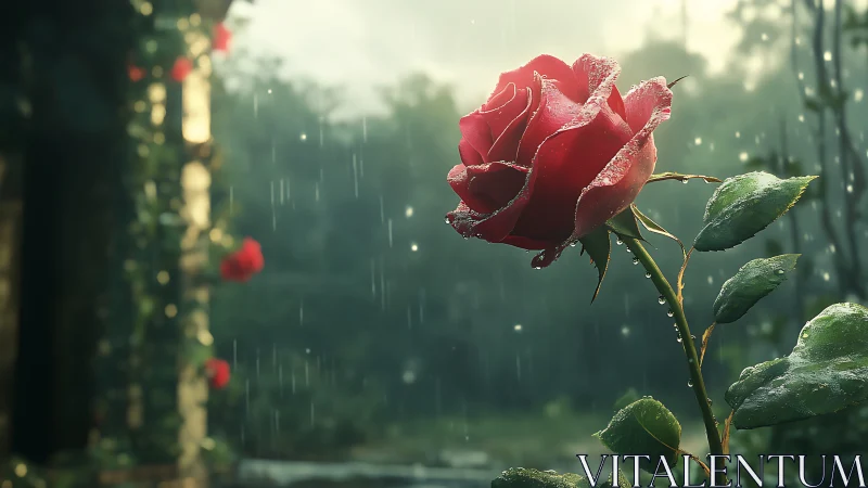 Red rose in cinematic rain with shallow depth of field.