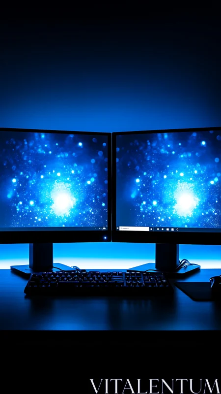 Dual monitors glow above minimalist desk in neon blue.
