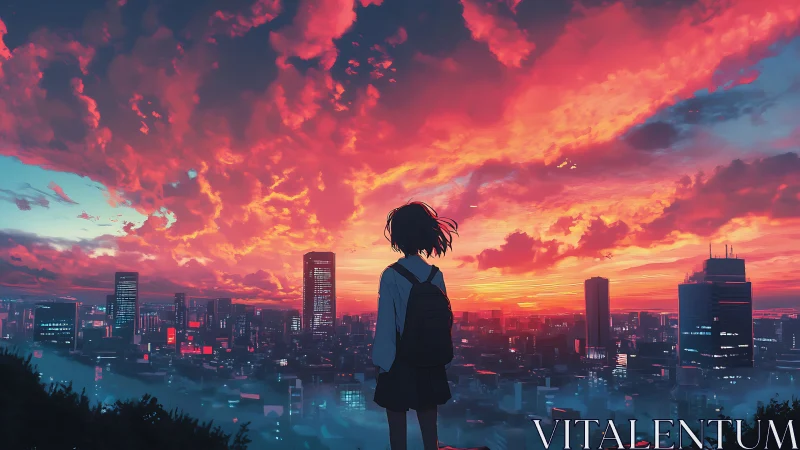 Solitary student gazes over neon city at blazing sunset.
