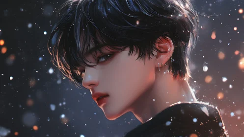 Moody side portrait of androgynous teen amid glowing embers.