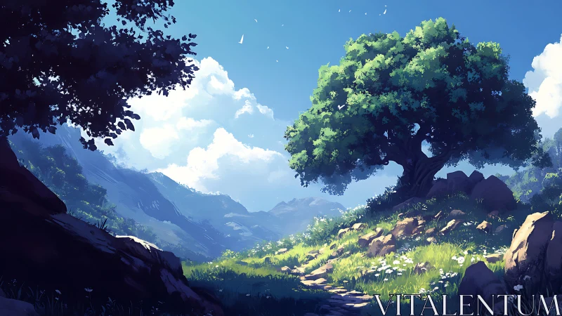 Sunlit hillside path under a tranquil, sheltering tree.