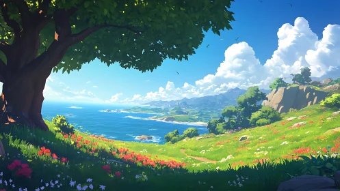 Sunlit coastal meadow under large tree overlooking sea.