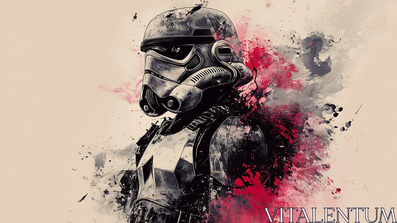 Armored sci fi soldier stands amid explosive ink splashes