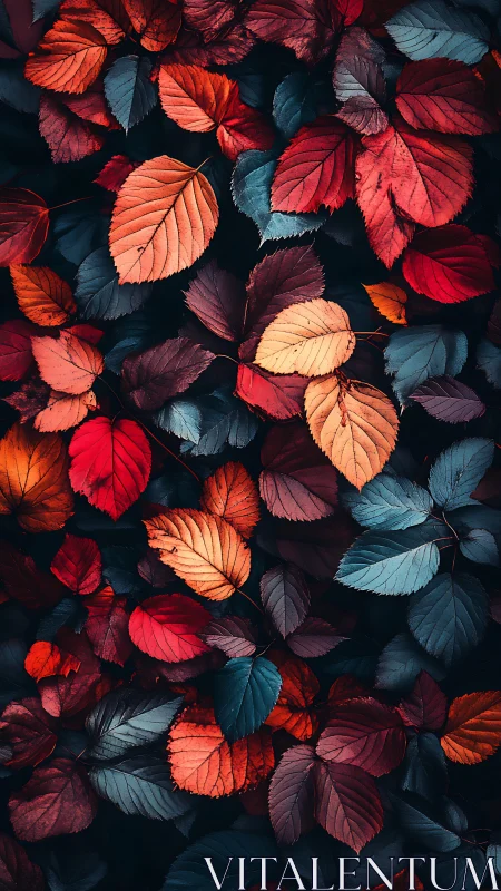 Crimson and teal foliage pattern in moody autumn light.