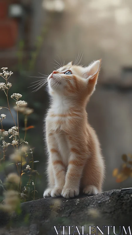 Orange and White Kitten Looking Upward in Garden Setting.