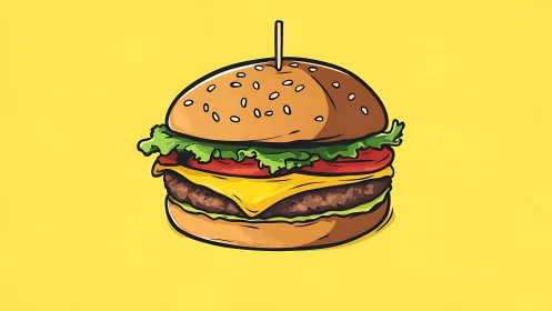 Bold cartoon cheeseburger crowned on sunshine yellow.