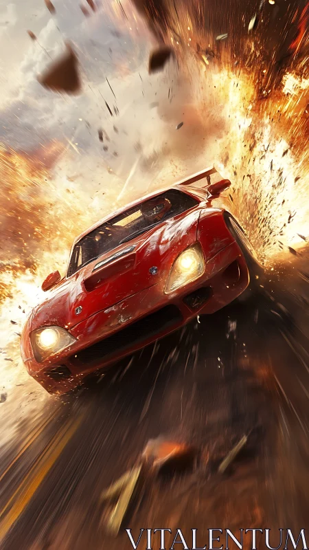 Red sports car bursts through fiery explosion in motion