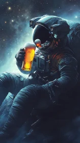 Rendered astronaut holds illuminated beer glass in space