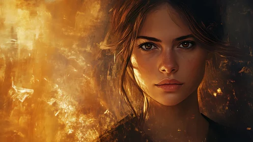 Digital portrait shows young woman lit by warm abstract glow