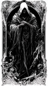 Hooded skeletal figure stands with sword amid ornate frame