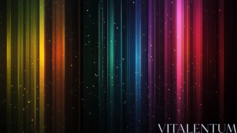 Vertical chromatic light bands with luminous particle field.