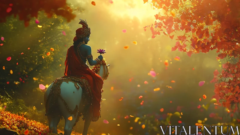 Divine rider in petal-lit forest, cinematic golden backlight.