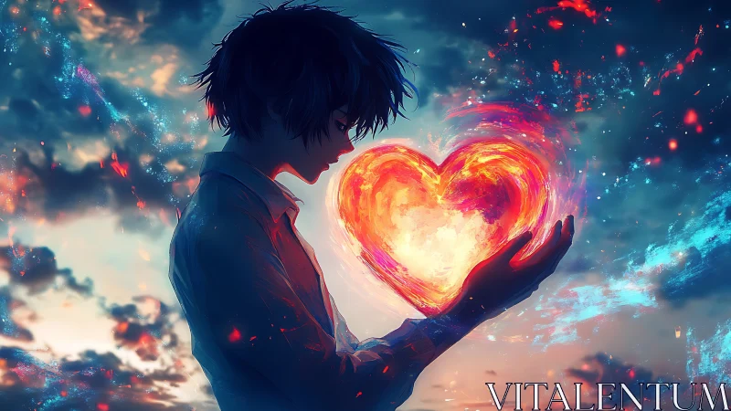 Silhouetted youth cradles burning heart against cosmic sky