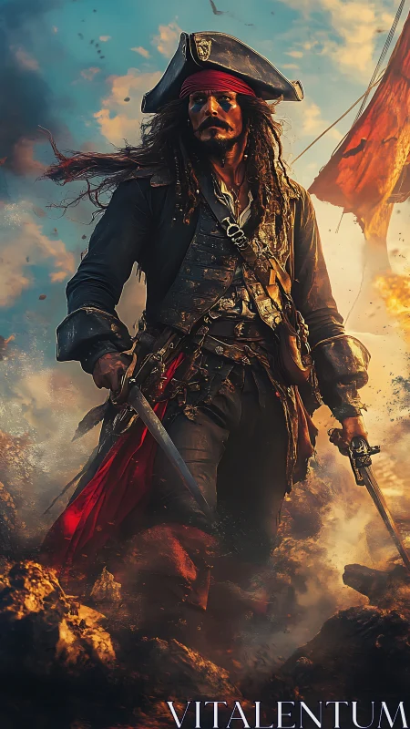 Battle-hardened pirate captain strides through burning shore.