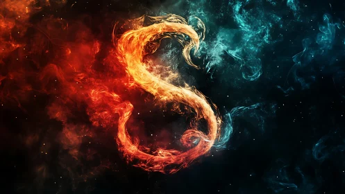 Fiery and icy smoke forming glowing S shape in space.