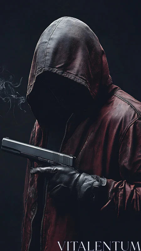 Hooded gunman in shadowed maroon leather with smoke trail.