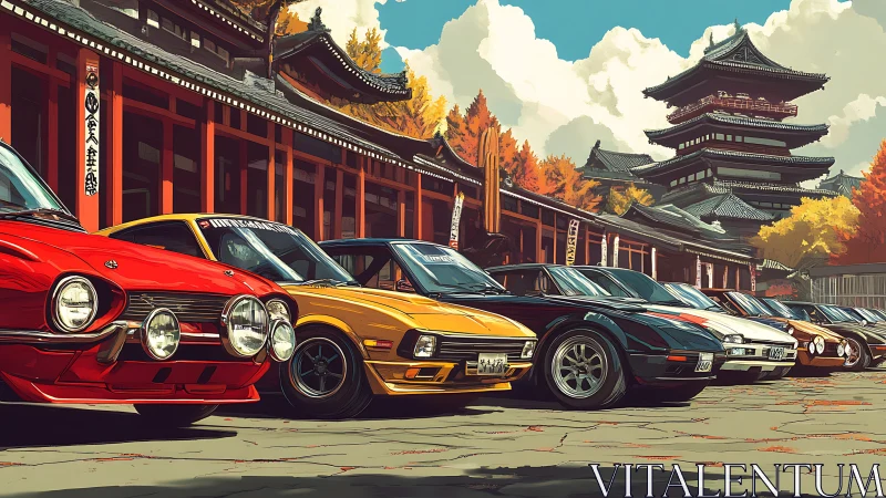 Classic sports cars line a serene temple courtyard in autumn