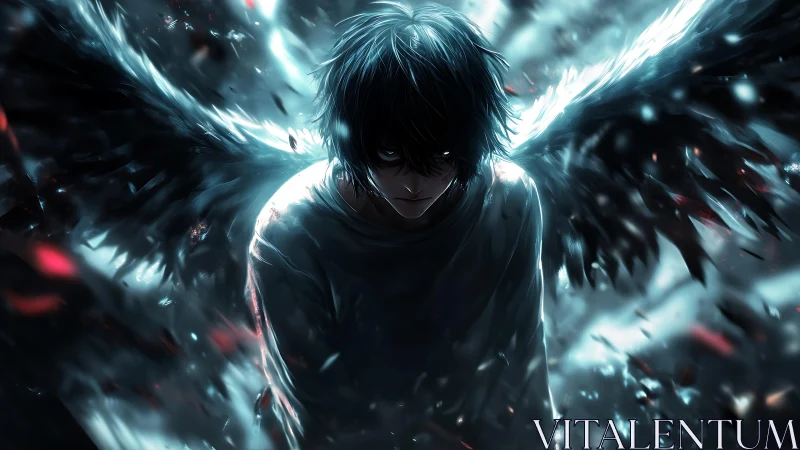 Dark winged antihero emerges through swirling blue chaos